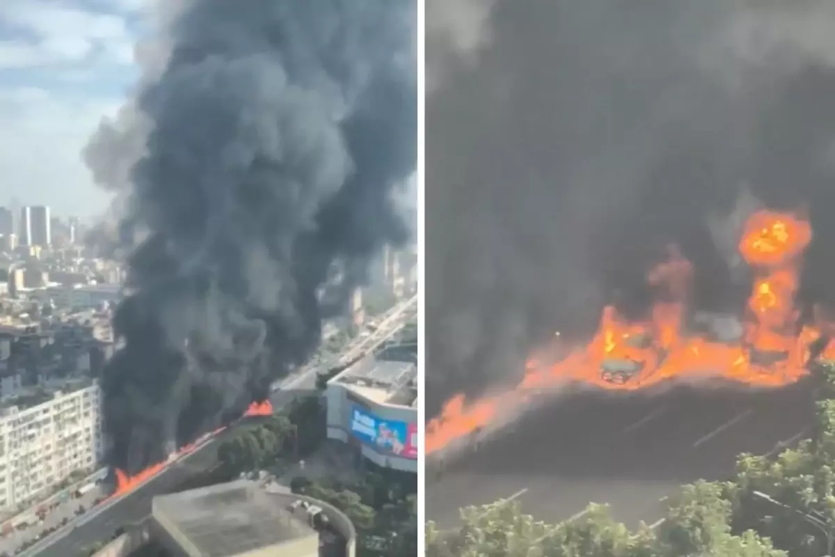 Yanıcı madde taşıyan kamyon yandı, alevler metrelerce yüksekliğe ulaştı